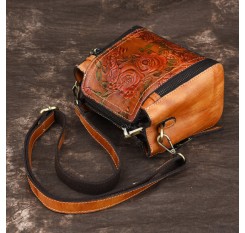 New Retro Genuine Leather Bucket Handbag Hand Embossed Craft Flower Crossbody bag