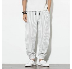 Mens Casual Comfortable Chinese Style Plain Striped Drawstring Harem Pants