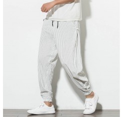 Mens Casual Comfortable Chinese Style Plain Striped Drawstring Harem Pants