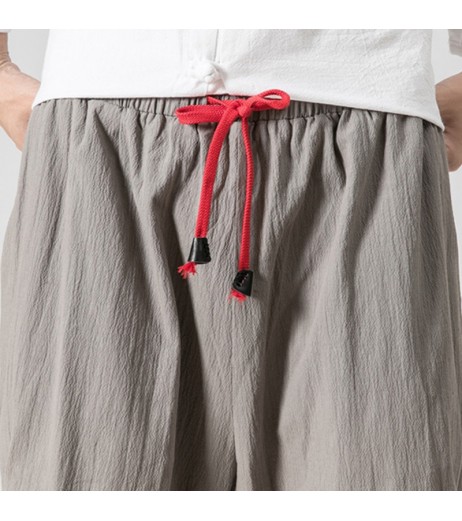 Mens 100% Cotton National Style Loose Casual Pure Color Elastic Waist Harem Pants