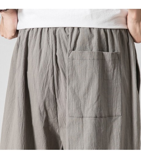 Mens 100% Cotton National Style Loose Casual Pure Color Elastic Waist Harem Pants