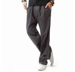 Mens Casual Breathable Cotton Linen Regular Fit Drawstring Solid Color Pants