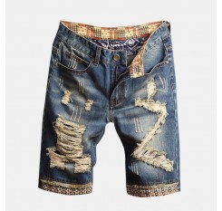 Mens Denim Ripped Washed Patchwork Casual Jean Shorts