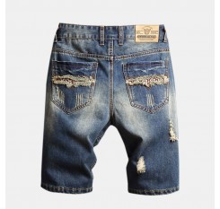 Mens Denim Ripped Washed Patchwork Casual Jean Shorts