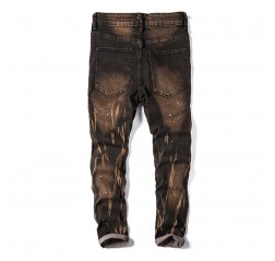Casual Fashion Scrawl Pants Zipper Pockets Hole Cotton Jeans for Men