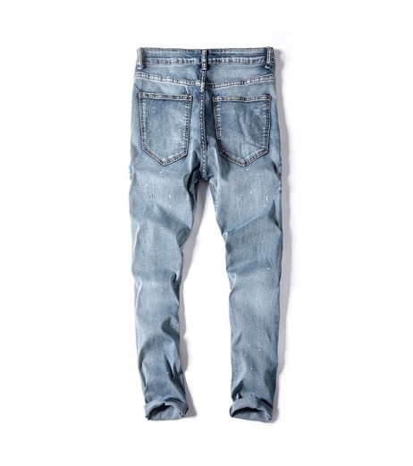 Casual Fashion Scrawl Pants Zipper Pockets Hole Cotton Jeans for Men