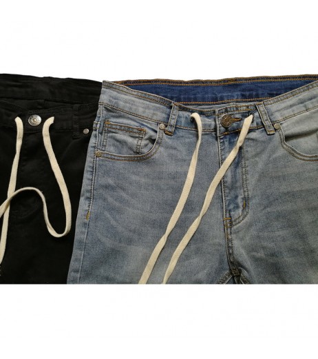 Casual Skinny Knee Hole Zipper Trouser Drawstring Cotton Hip-Hop Jeans for Men