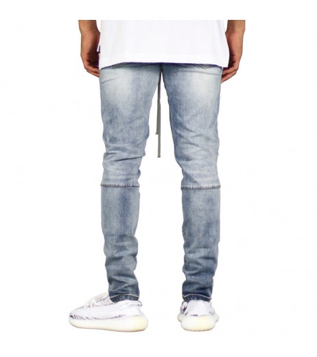Casual Skinny Knee Hole Zipper Trouser Drawstring Cotton Hip-Hop Jeans for Men