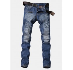 Blue Biker Fashion Elastic Stone Washed Ripped Jeans for Men