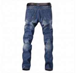 Blue Biker Fashion Elastic Stone Washed Ripped Jeans for Men