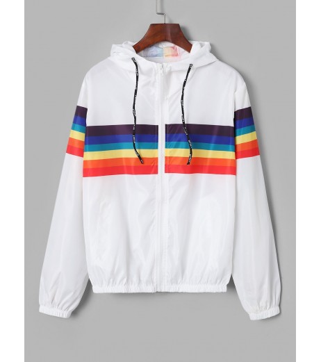 Zip Up Rainbow Stripes Windbreaker Jacket - White S
